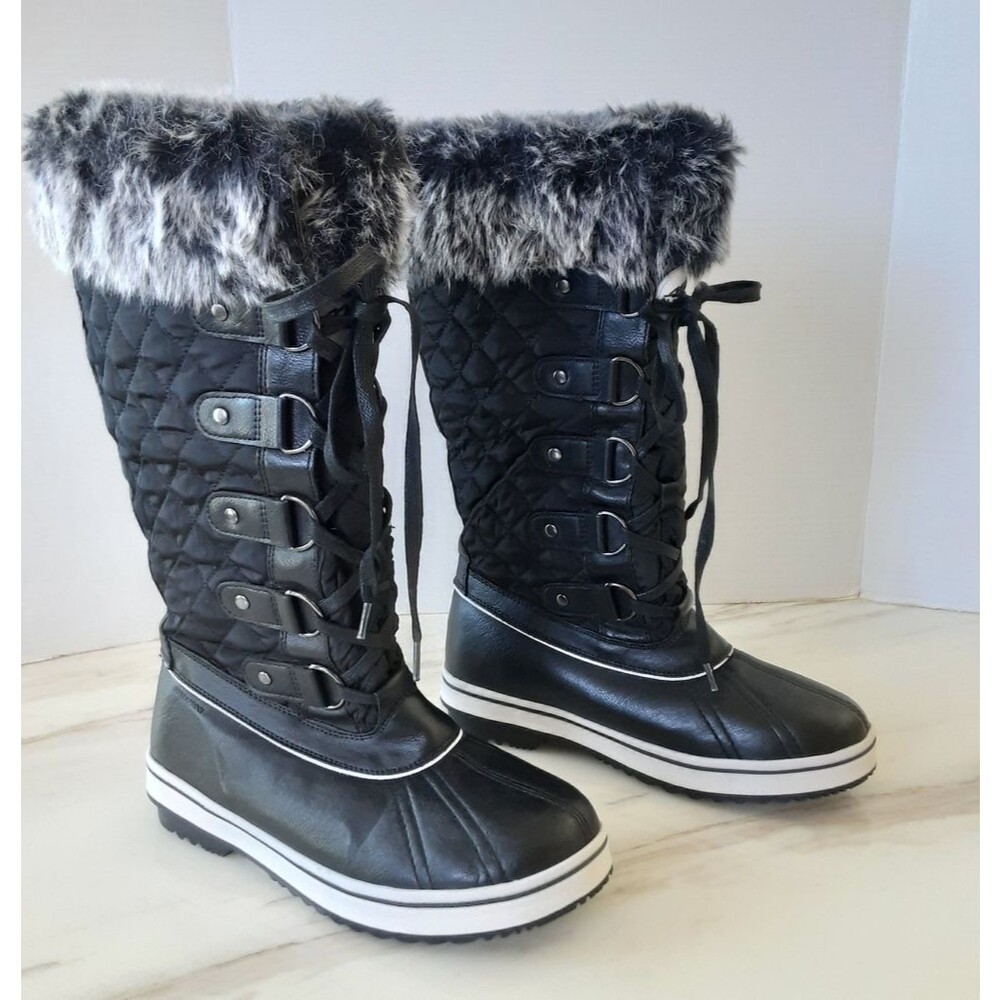 ALEADER Waterproof Thinsulate Black Quilted Fur Trim Mid-Calf Lace-Up Boots Sz 8